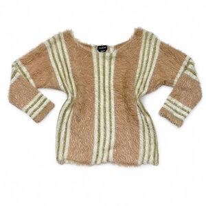 bebe Fuzzy Striped Crewneck Sweater in Camel, Cream, Olive